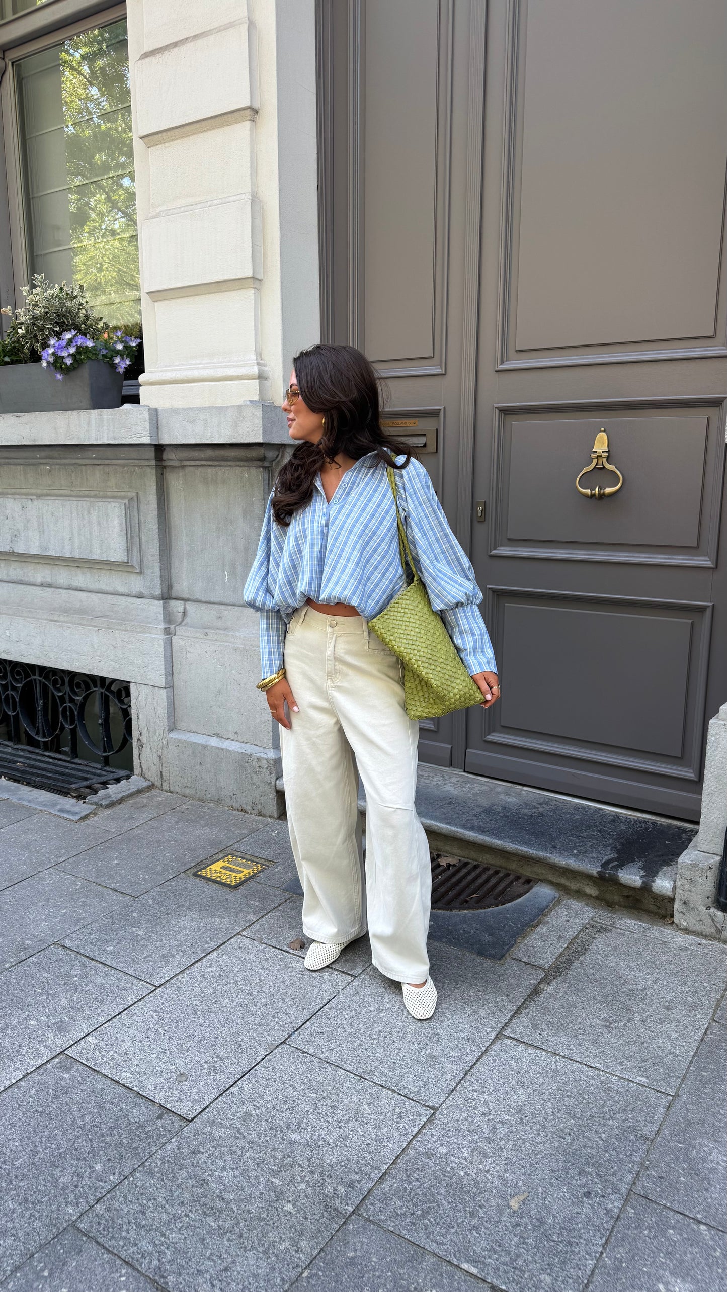 CROPPED CHECKERED BLOUSE - BLUE