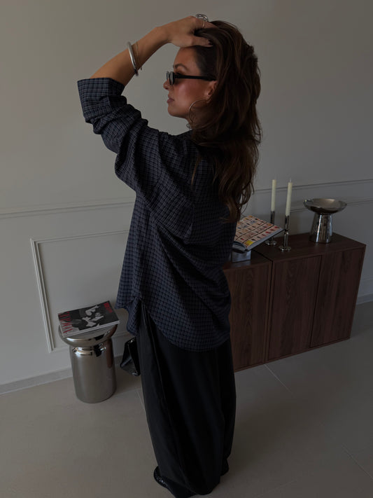 OVERSIZED CHECKERED BLOUSE - NAVY