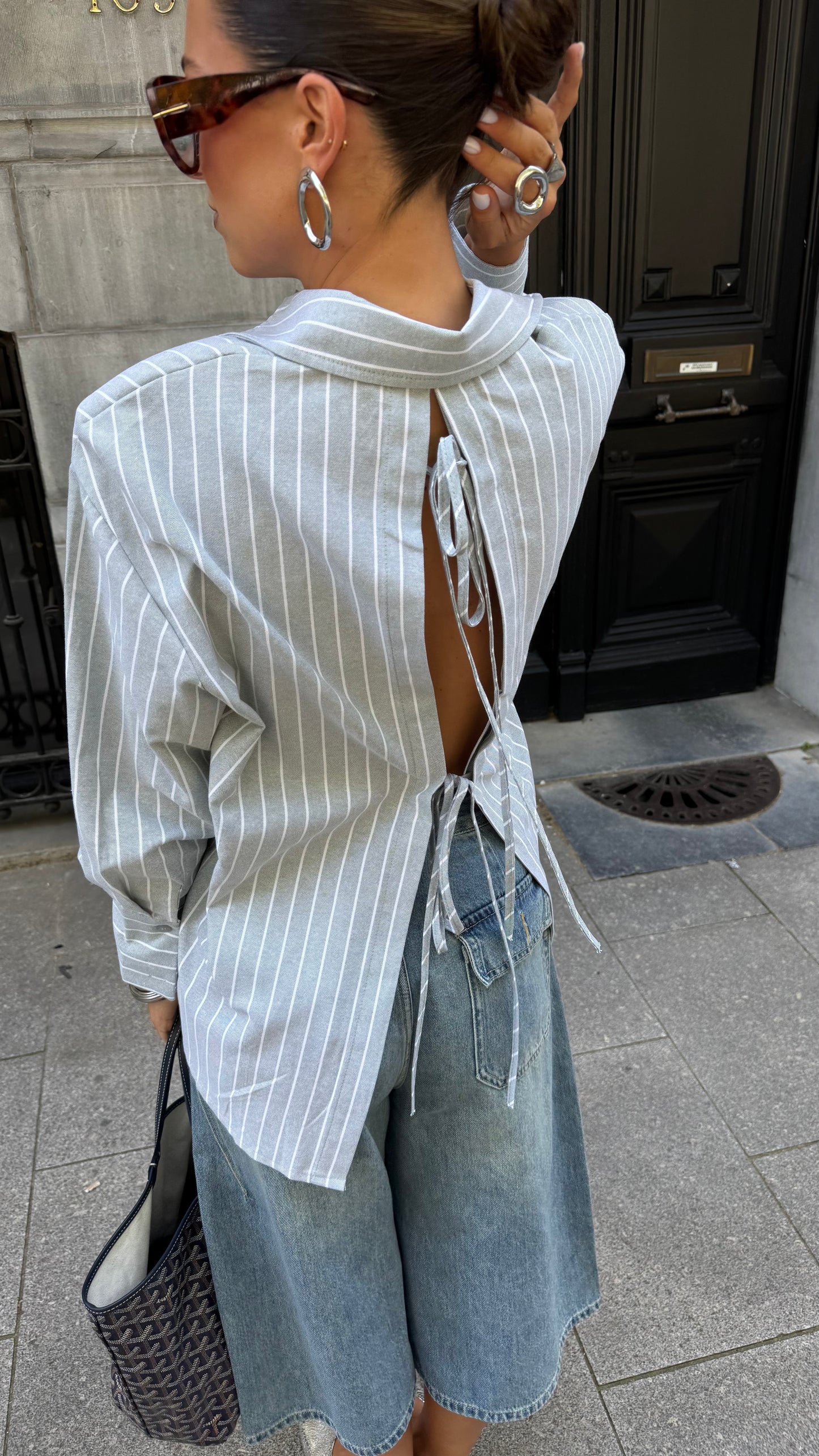 STRIPED BLOUSE WITH SHOULDER PADS - GREEN