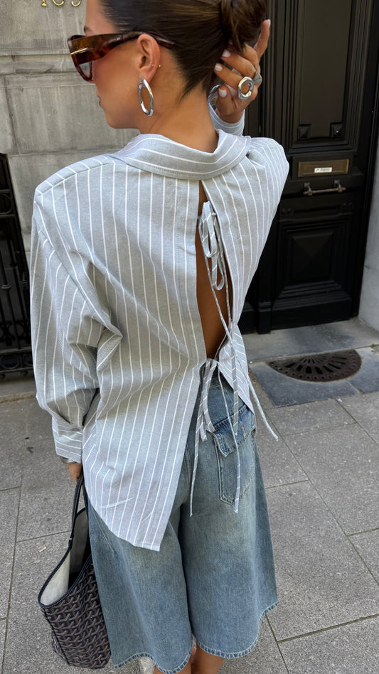 STRIPED BLOUSE WITH SHOULDER PADS - GREEN