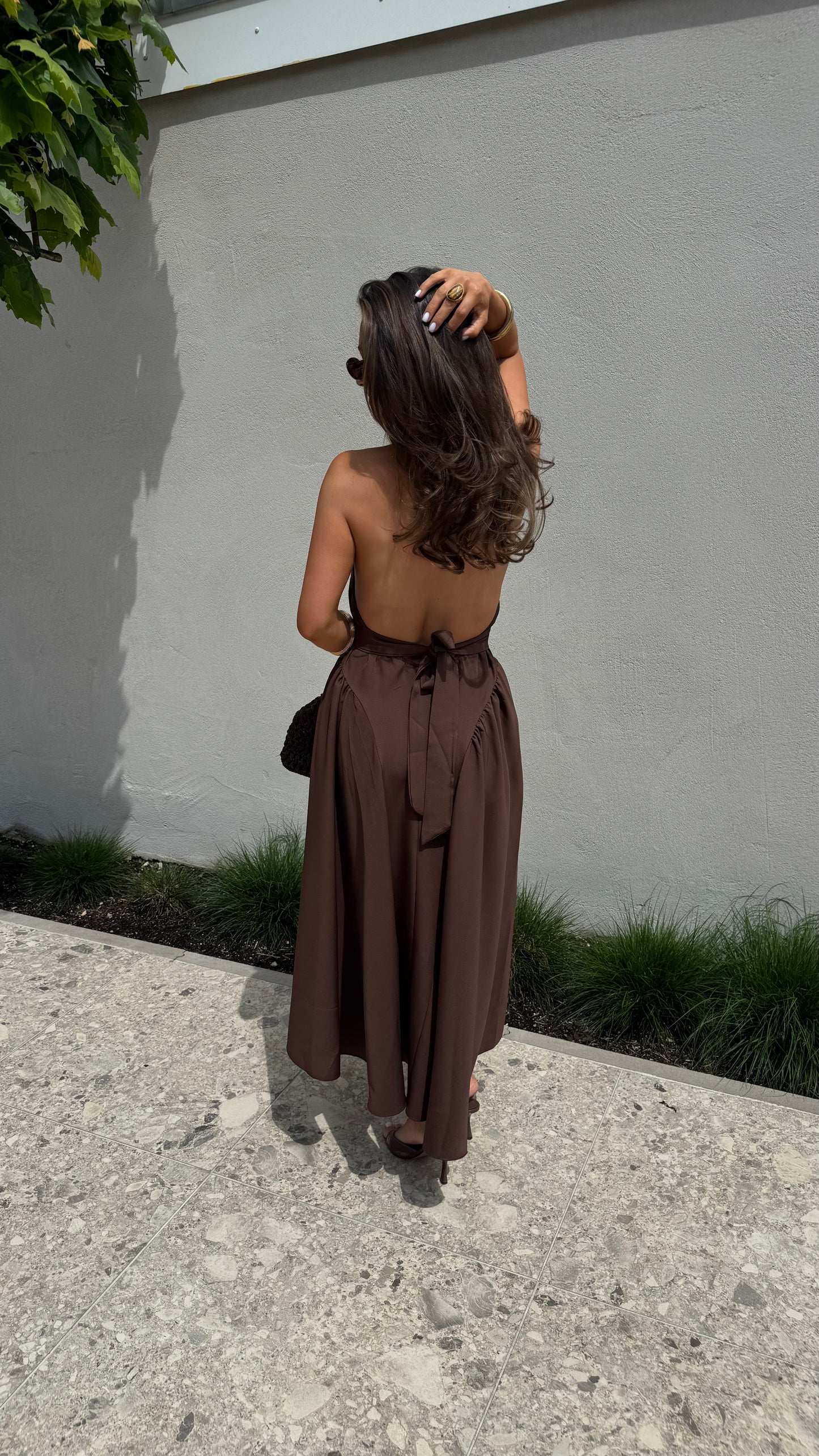 BALLOON HALTER DRESS - BROWN