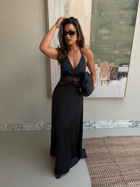 LONG SATIN LACE DRESS - BLACK