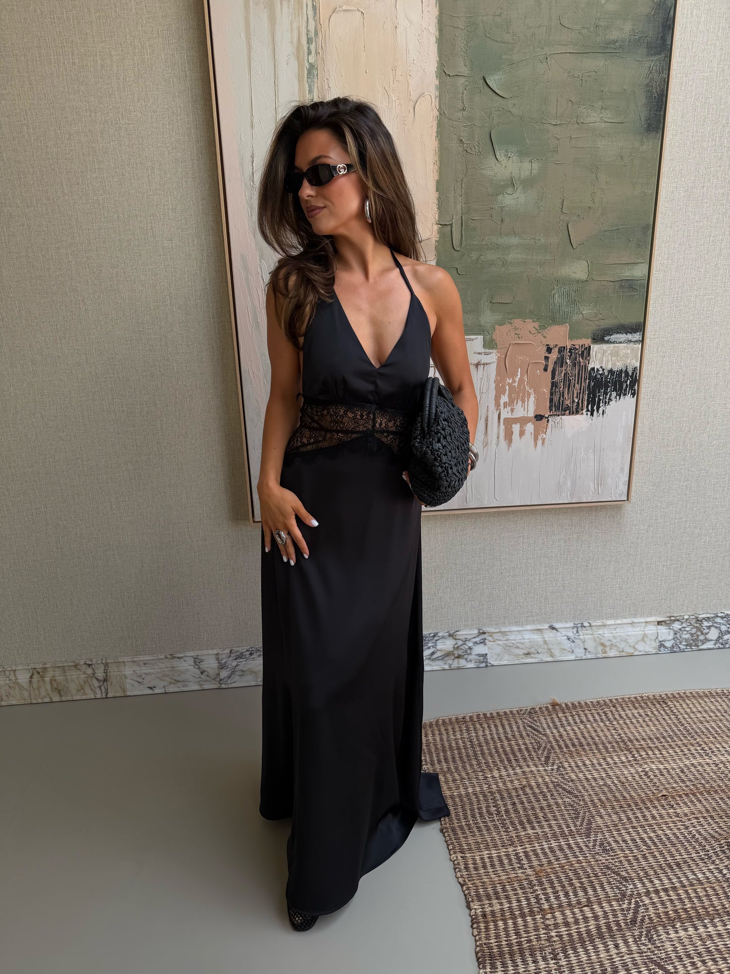 LONG SATIN LACE DRESS - BLACK