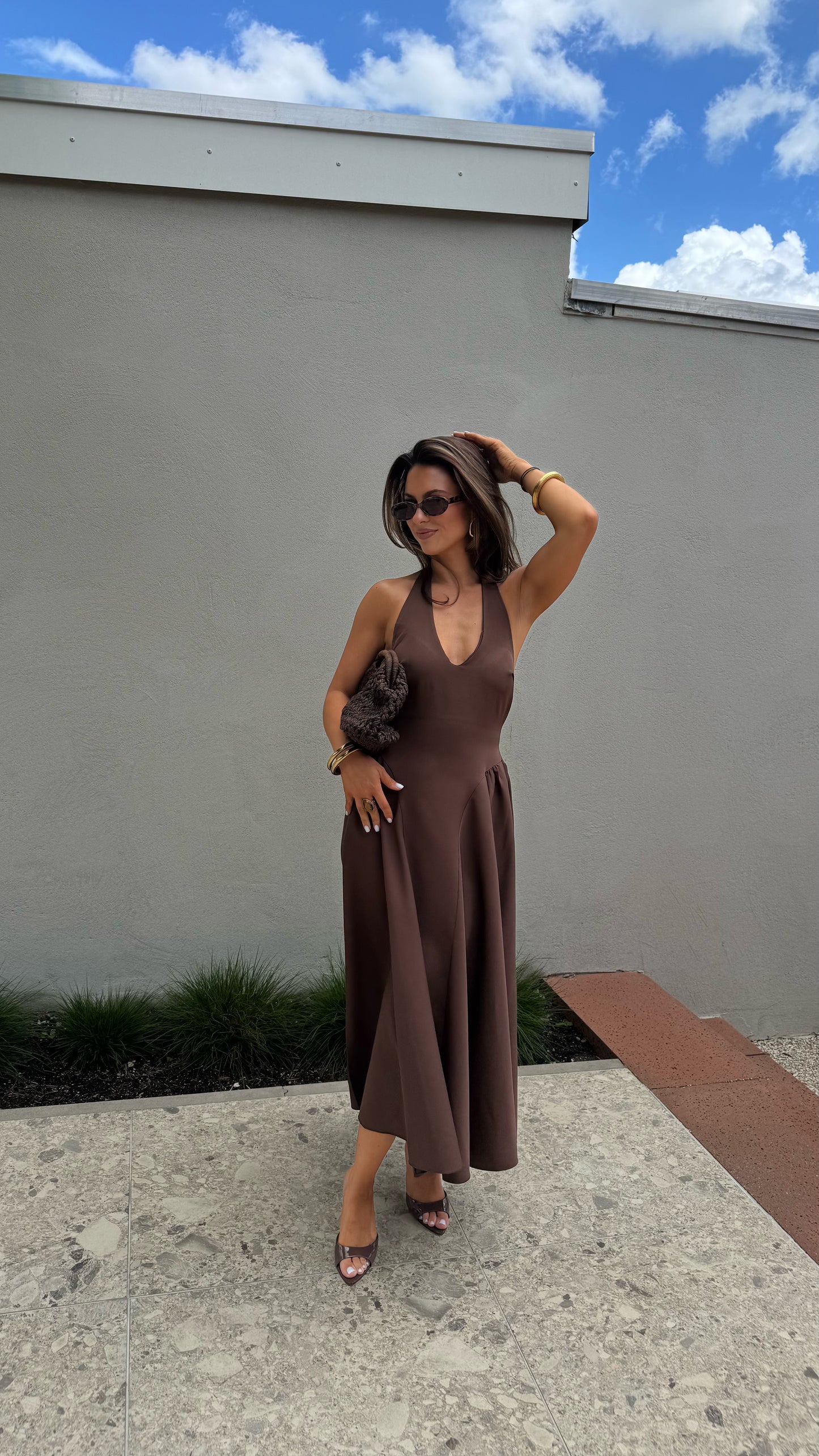 BALLOON HALTER DRESS - BROWN