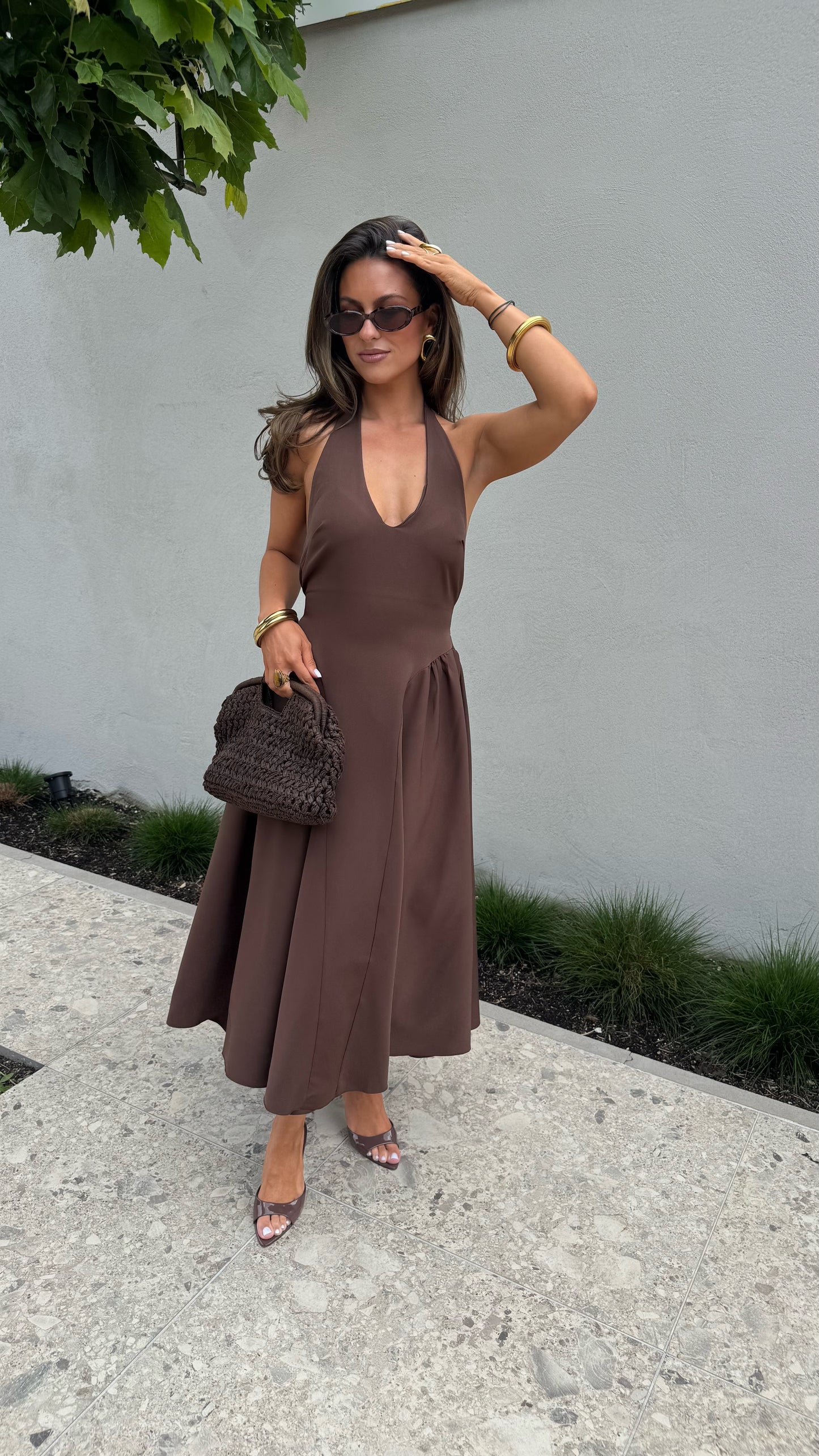 BALLOON HALTER DRESS - BROWN