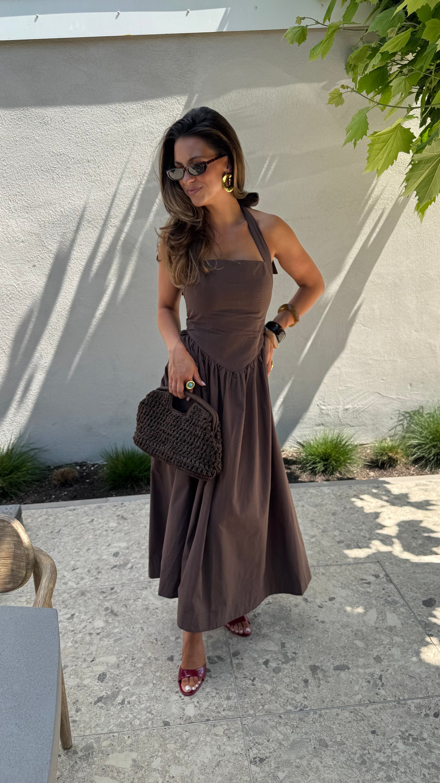 DETAILED HALTER DRESS - BROWN