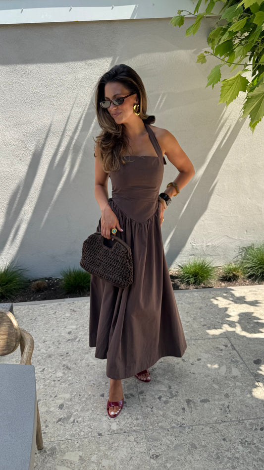 DETAILED HALTER DRESS - BROWN