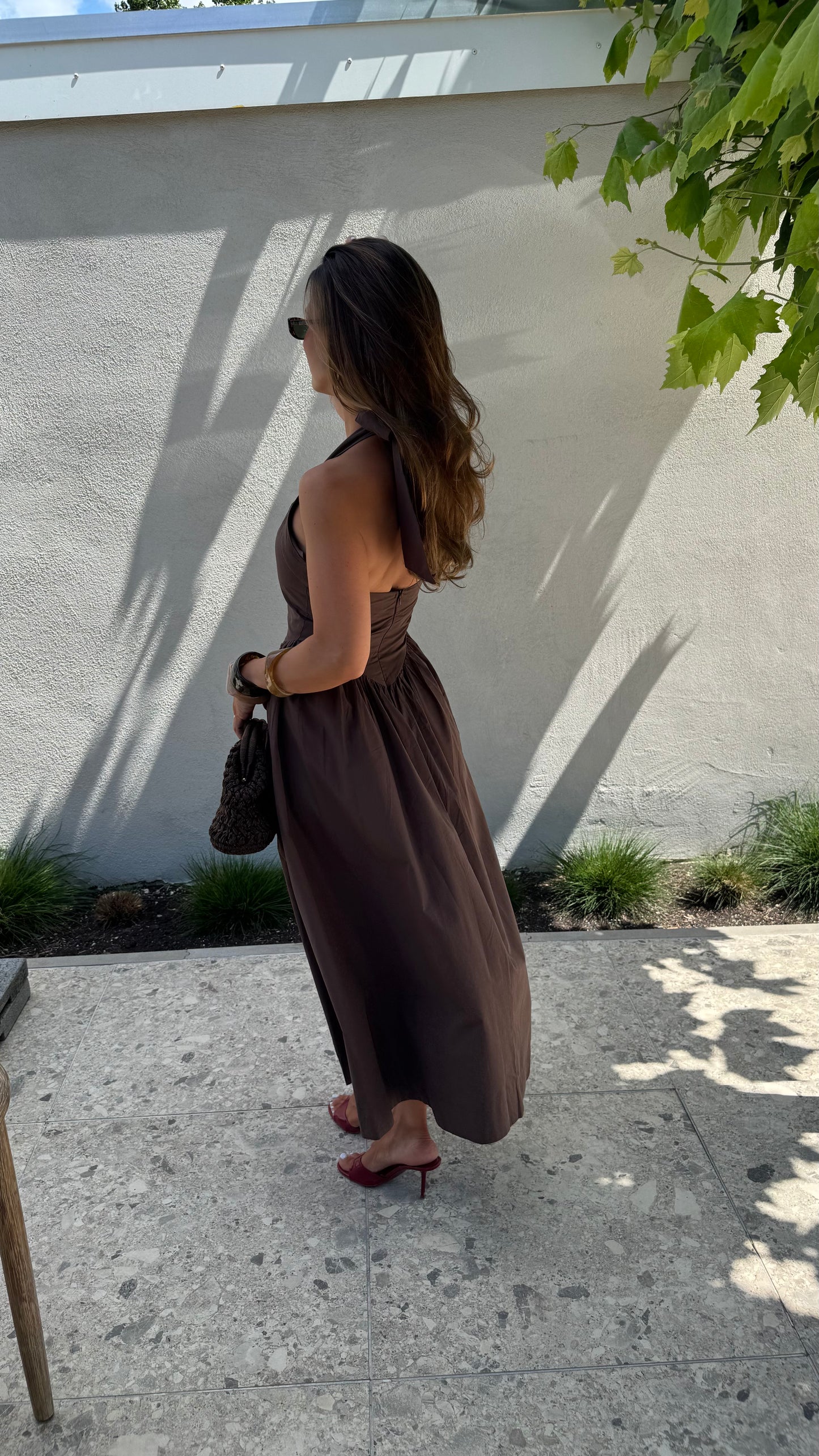 DETAILED HALTER DRESS - BROWN