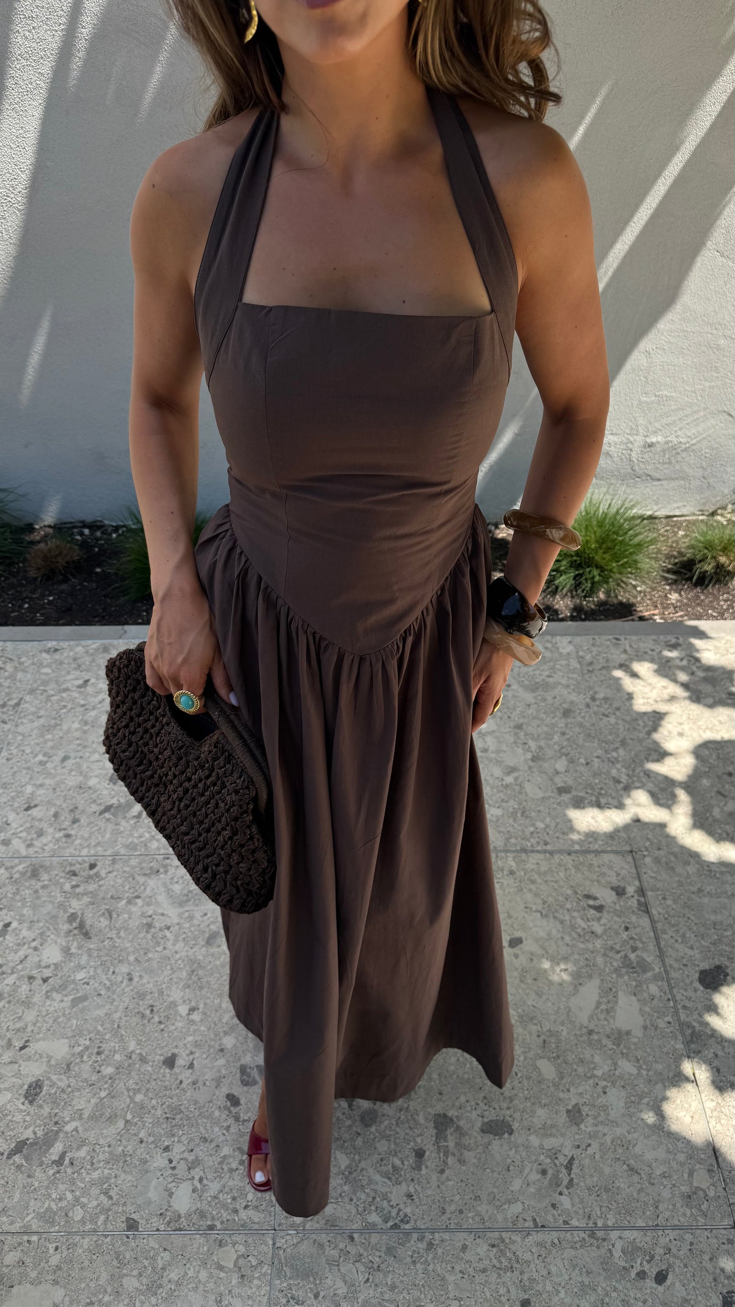 DETAILED HALTER DRESS - BROWN