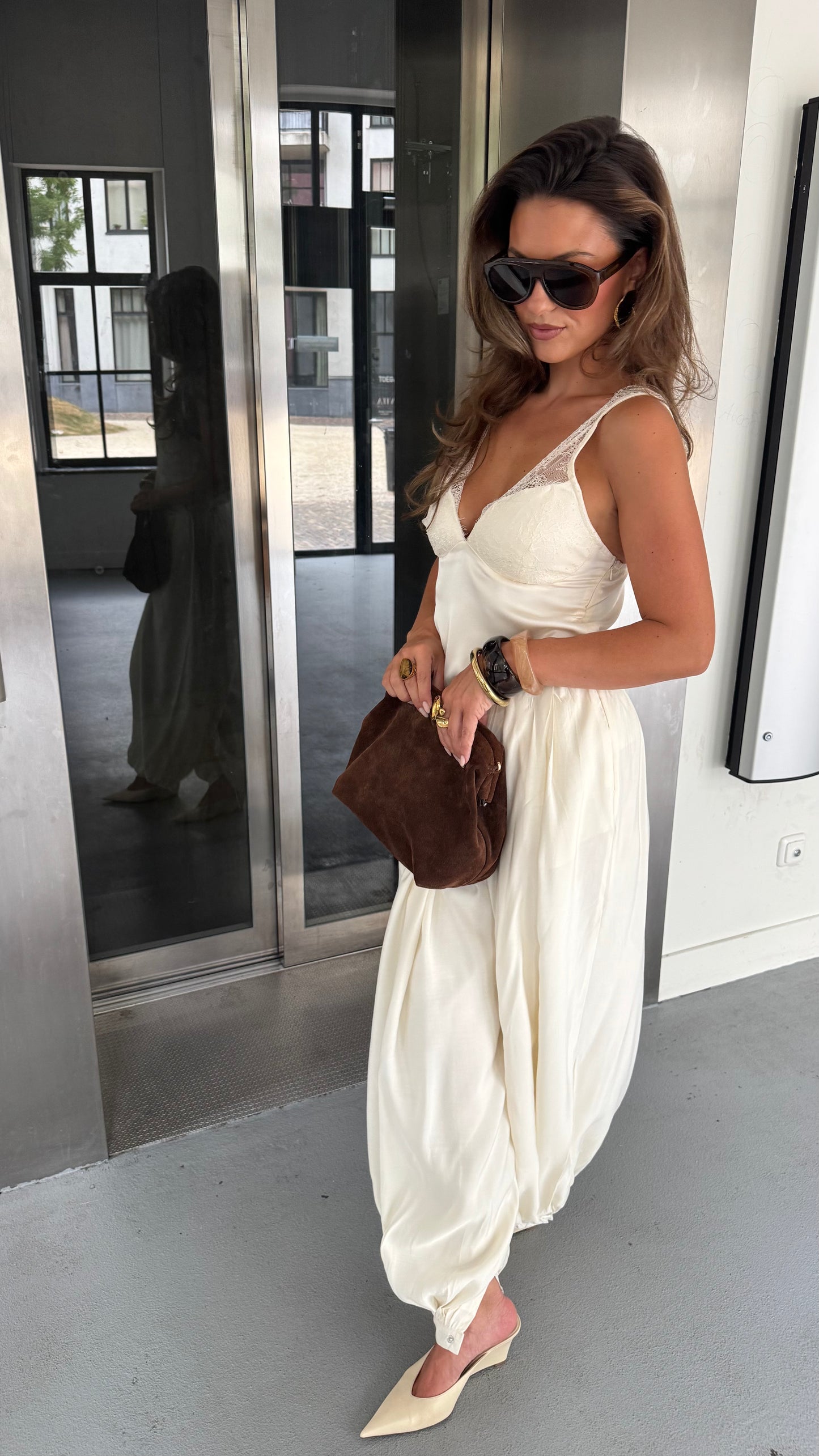 SATIN TOP WITH LACE - CREME