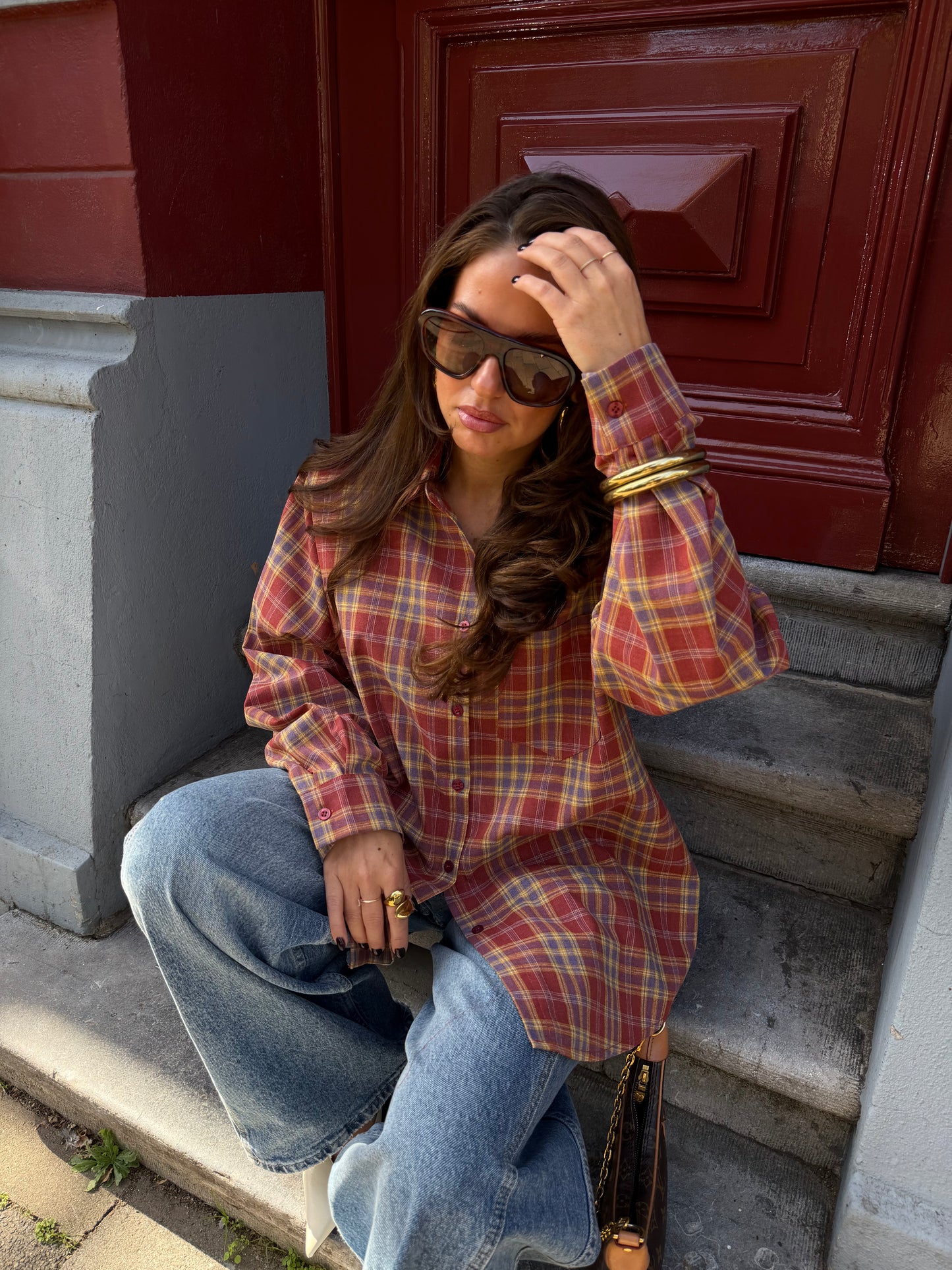 CHECKERED BLOUSE WITH SHOULDER PADS - RED