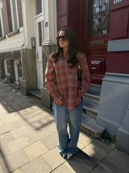 CHECKERED BLOUSE WITH SHOULDER PADS - RED