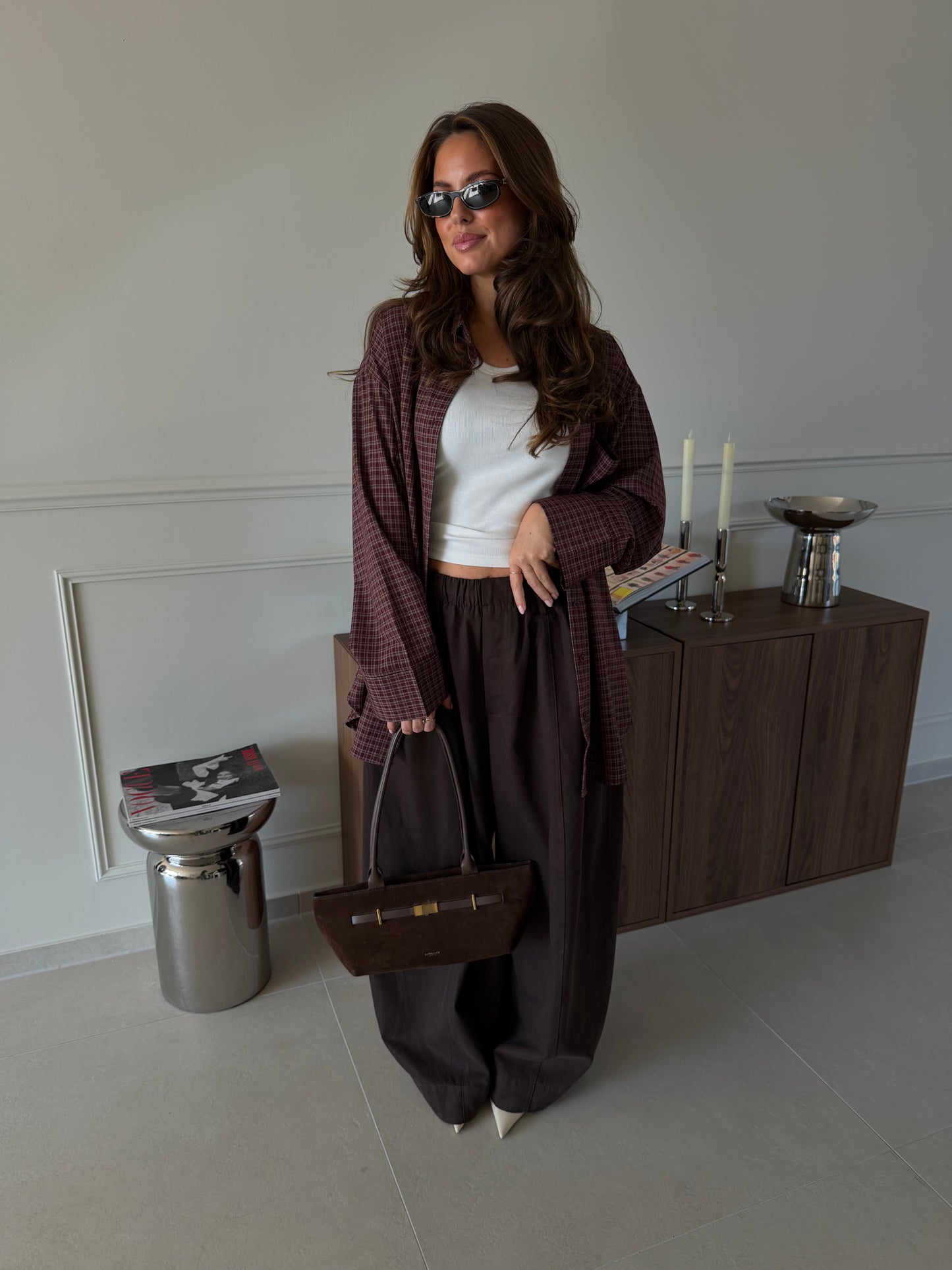OVERSIZED CHECKERED BLOUSE - BURGUNDY