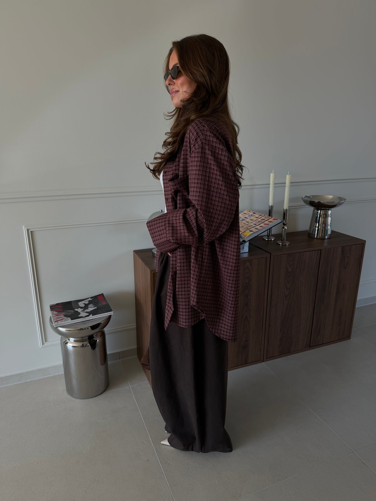 OVERSIZED CHECKERED BLOUSE - BURGUNDY