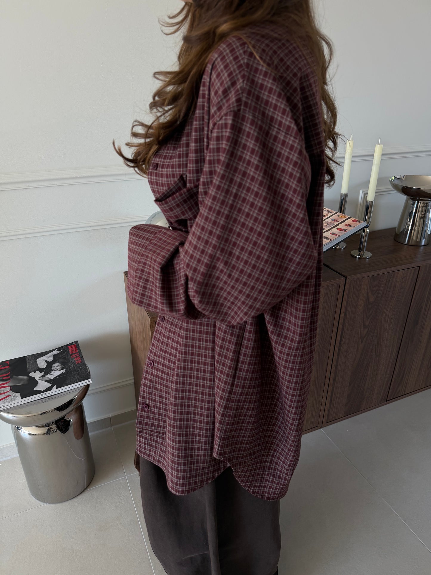 OVERSIZED CHECKERED BLOUSE - BURGUNDY