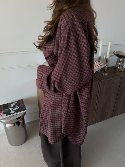 OVERSIZED CHECKERED BLOUSE - BURGUNDY
