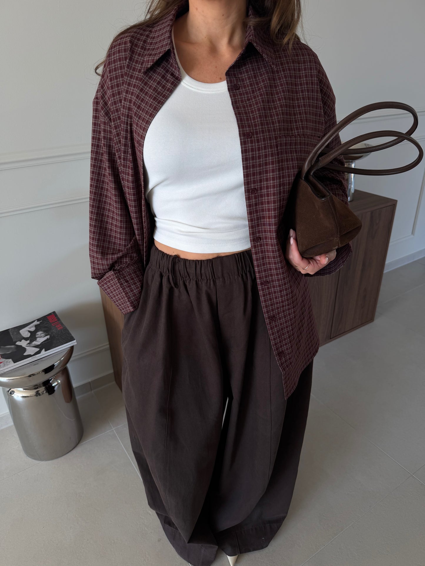 OVERSIZED CHECKERED BLOUSE - BURGUNDY