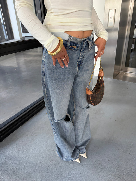 FOLDED WAIST JEANS - BLUE